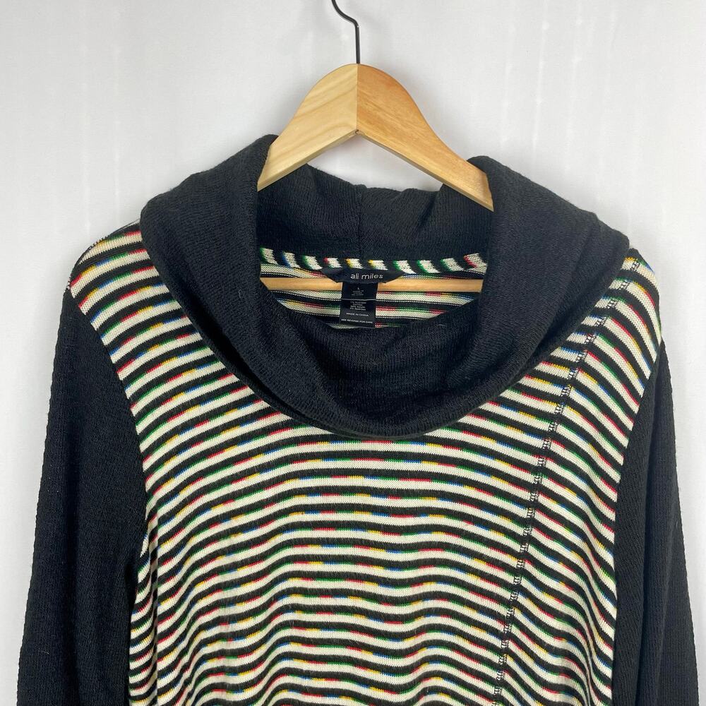 Ali Miles Tunic Sweater Size L Black Rainbow Multi Striped Cowl‎ Neck Pullover - Picture 3 of 11